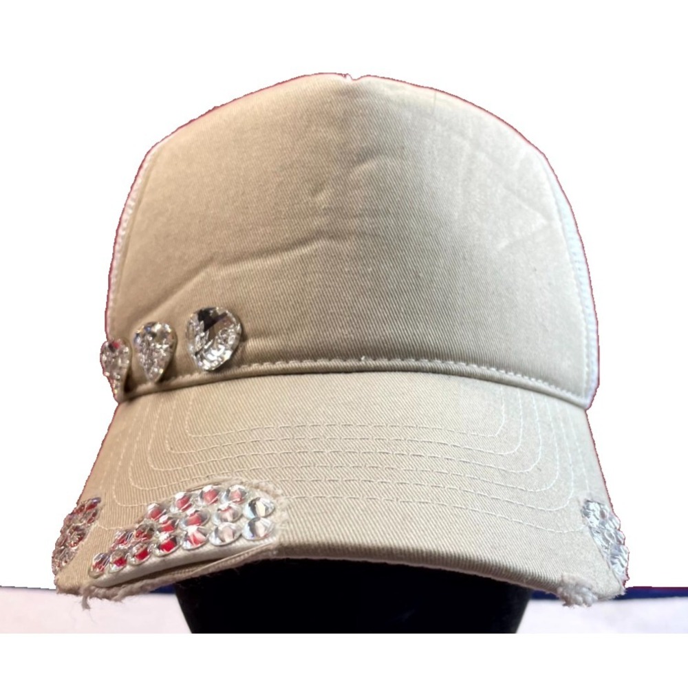 Vintage Y2K Mega Cap Trucker Hat Womens White Gray Rhinestone Crystals Snapback